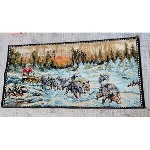 Vintage Italian Woven Tapestry Rug – Sled Dogs & Musher Winter Scene Wall Hangin